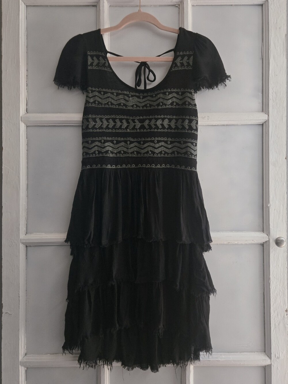 Free People Embroidered Backless Tiered  Ruffled Short Sleeve Dress Black XS